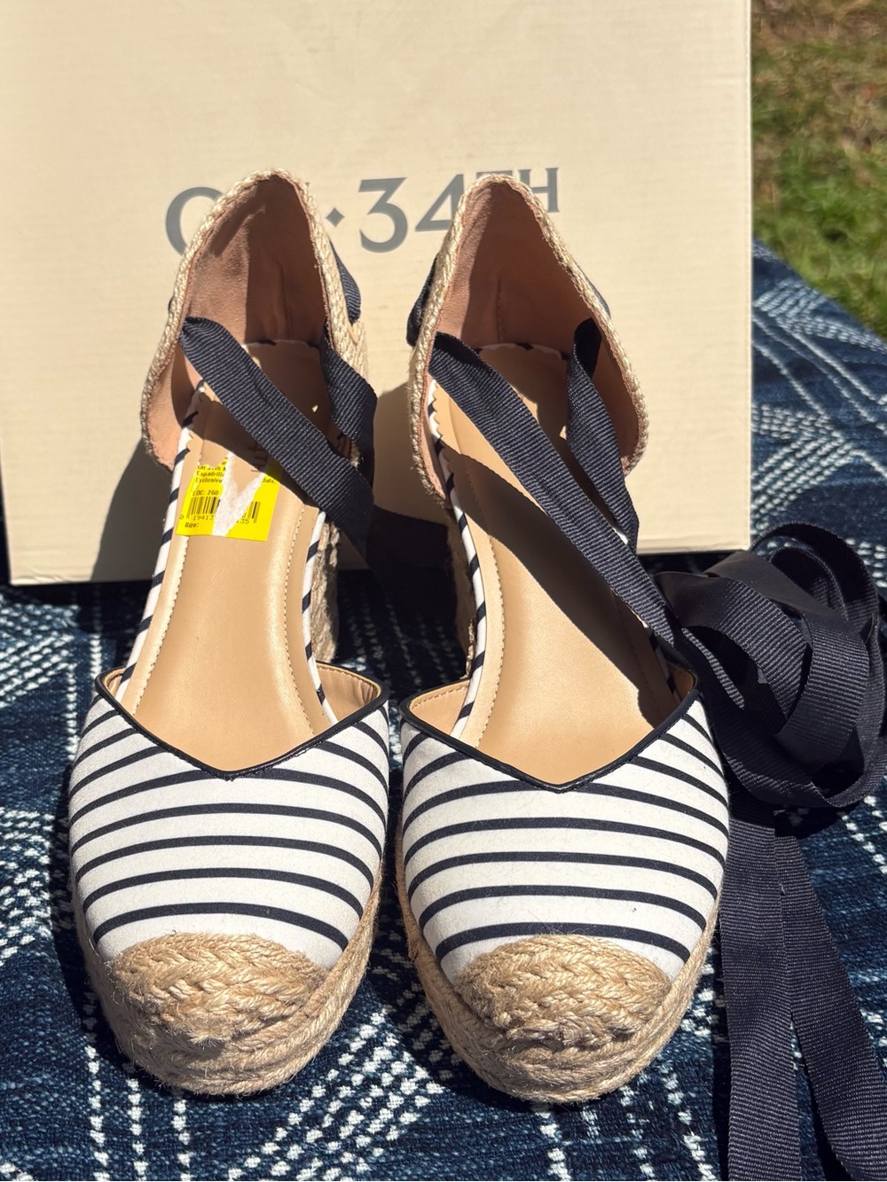 NIB, ON 34th, Striped Espadrille Wedge Sandals in Navy and Natural, Size 10